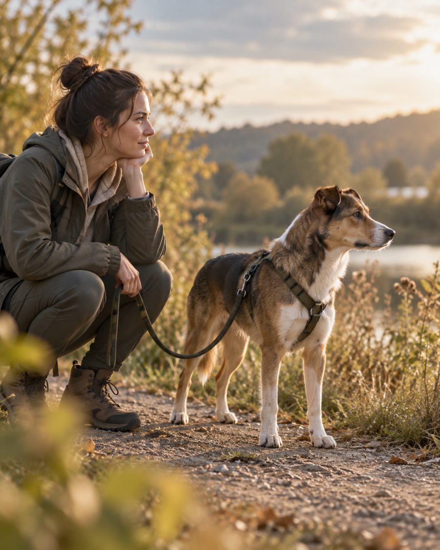 Frau beobachtet ihren Hund aufmerksam