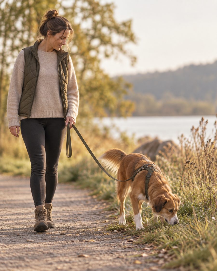 Hund schnüffelt am Wegrand