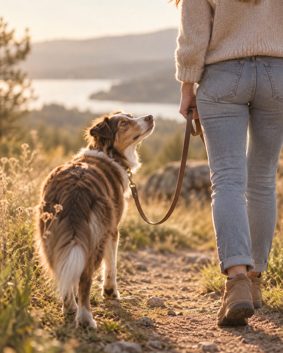 Hund schaut zum Menschen zurück